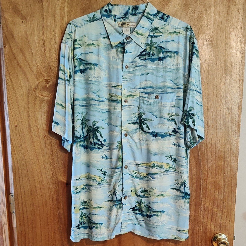 Joe Marlin Mens Hawaiian Shirt Blue & Green Wood Buttons Rayon Ocean Nautical XL